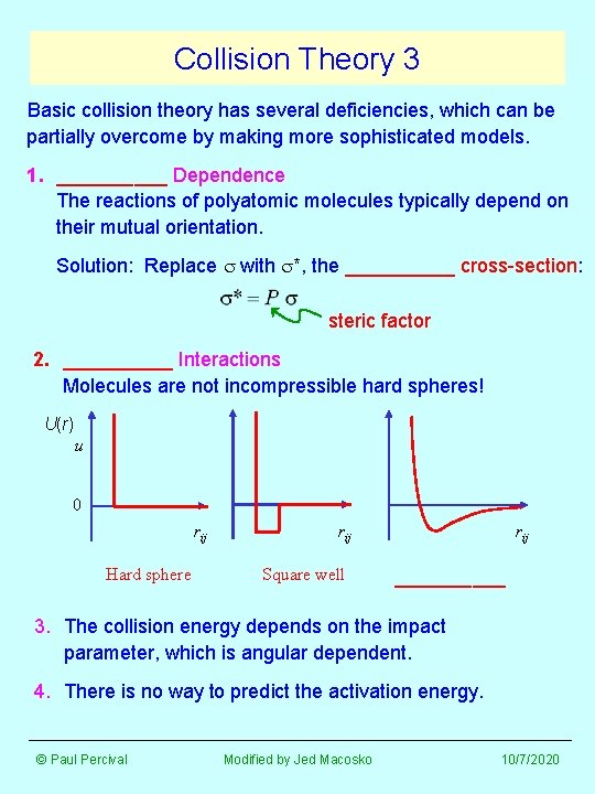 Collision Theory 3 Basic collision theory has several deficiencies, which can be partially overcome