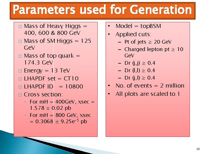 Parameters used for Generation � � � � Mass of Heavy Higgs = 400,