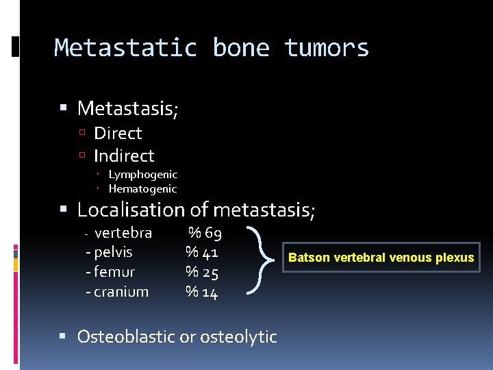 Metastatic bone tumors Metastasis; Direct Indirect Lymphogenic Hematogenic Localisation of metastasis; - vertebra %