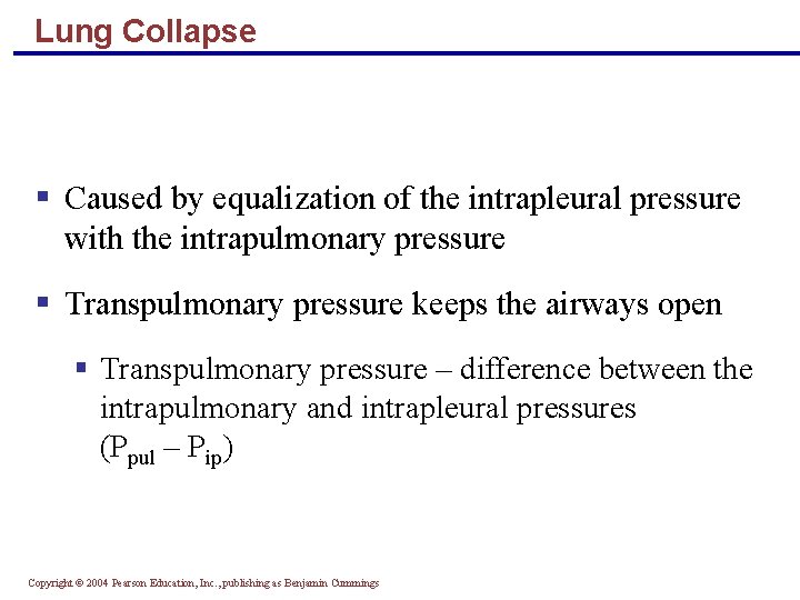 Lung Collapse § Caused by equalization of the intrapleural pressure with the intrapulmonary pressure