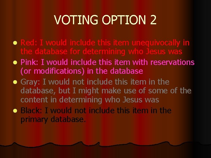 VOTING OPTION 2 Red: I would include this item unequivocally in the database for