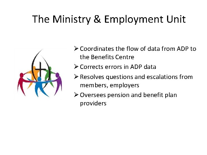 The Ministry & Employment Unit Ø Coordinates the flow of data from ADP to