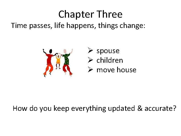 Chapter Three Time passes, life happens, things change: Ø spouse Ø children Ø move
