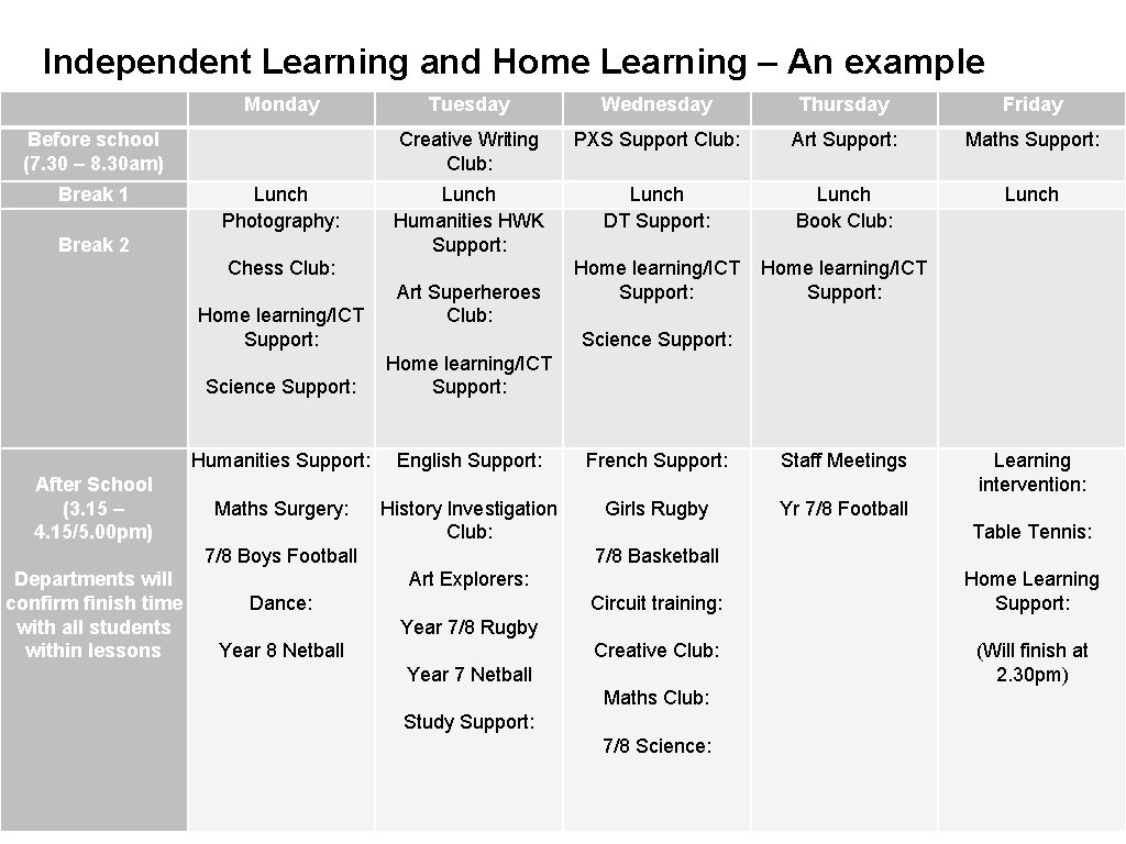 Independent Learning and Home Learning – An example Monday Tuesday Wednesday Thursday Friday Before
