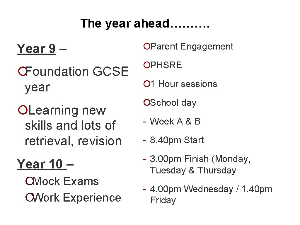 The year ahead………. Year 9 – ¡Parent Engagement ¡Foundation GCSE year ¡PHSRE ¡ Learning