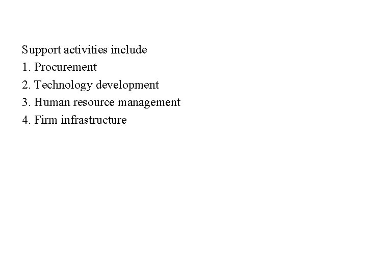 Support activities include 1. Procurement 2. Technology development 3. Human resource management 4. Firm