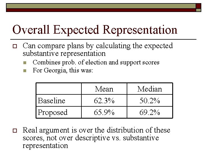 Overall Expected Representation o Can compare plans by calculating the expected substantive representation n