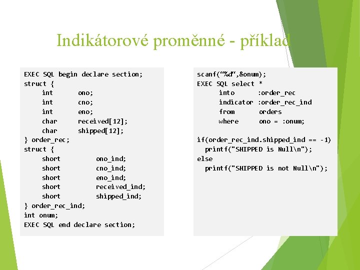 Indikátorové proměnné - příklad EXEC SQL begin declare section; struct { int ono; int