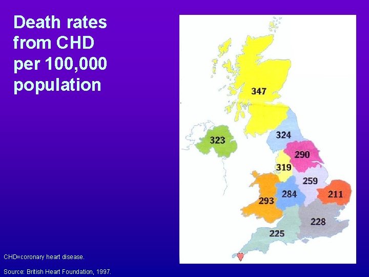 Death rates from CHD per 100, 000 population CHD=coronary heart disease. Source: British Heart