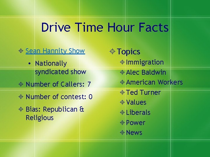 Drive Time Hour Facts Sean Hannity Show • Nationally syndicated show Number of Callers: