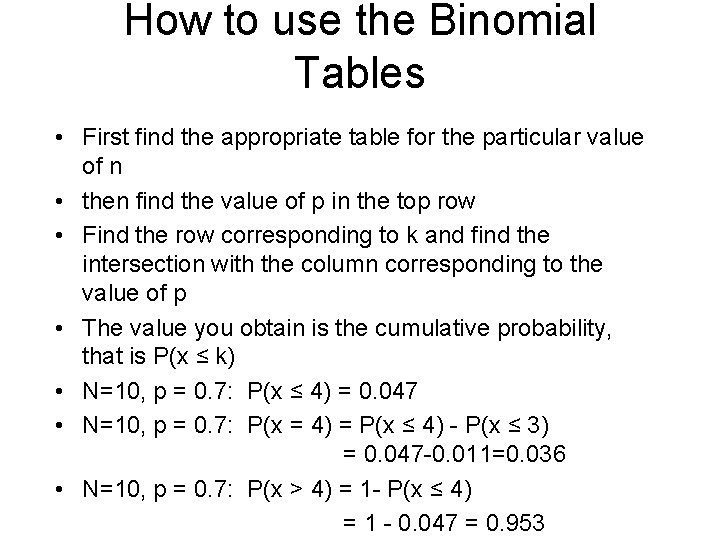 How to use the Binomial Tables • First find the appropriate table for the