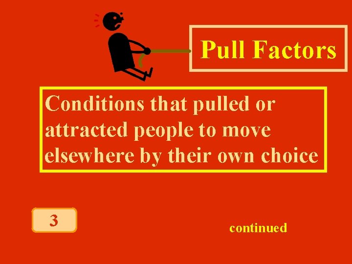 Pull Factors Conditions that pulled or attracted people to move elsewhere by their own