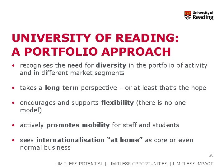 UNIVERSITY OF READING: A PORTFOLIO APPROACH • recognises the need for diversity in the