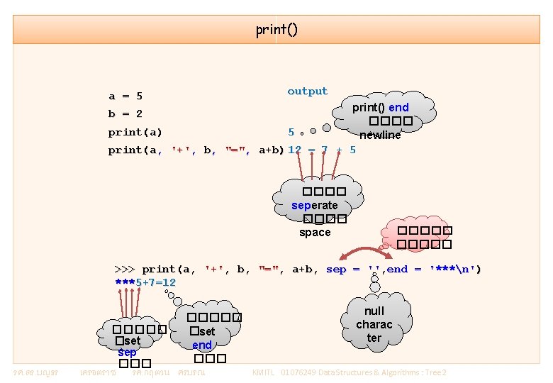 print() output a = 5 print() end ���� 5 print(a) newline print(a, '+', b,