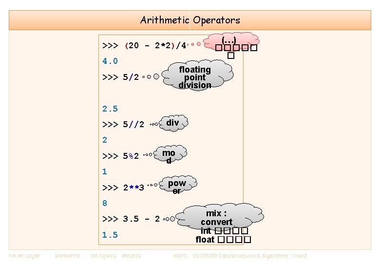 Arithmetic Operators (…) ����� � >>> (20 - 2*2)/4 4. 0 floating point division