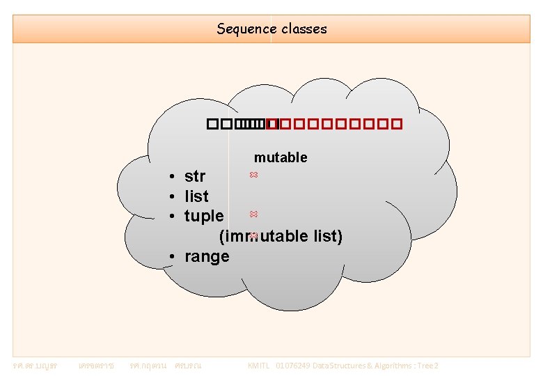 Sequence classes ����� mutable • str • list • tuple (immutable list) • range