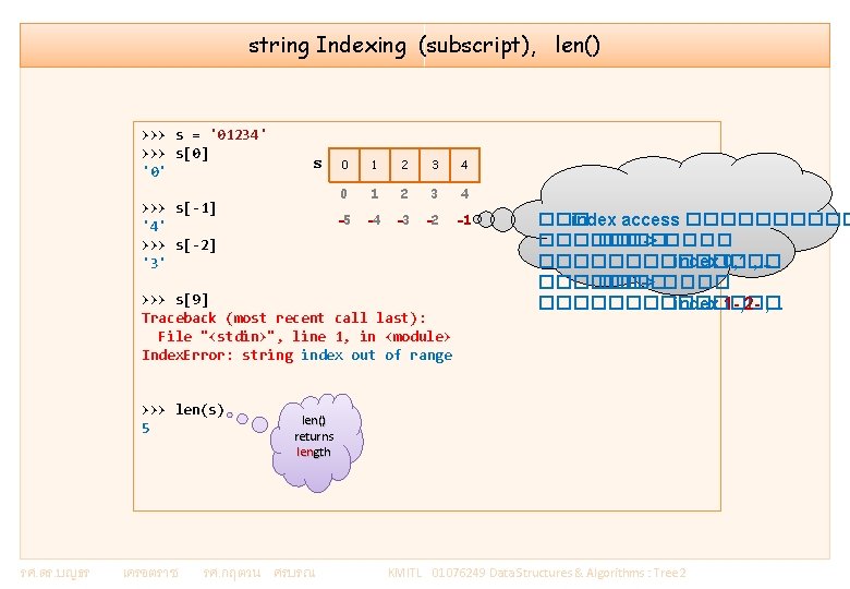 string Indexing (subscript), len() >>> s = '01234' >>> s[0] '0' s >>> s[-1]