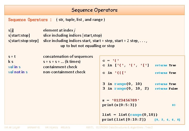 Sequence Operators : ( str, tuple, list , and range ) s[j] element at