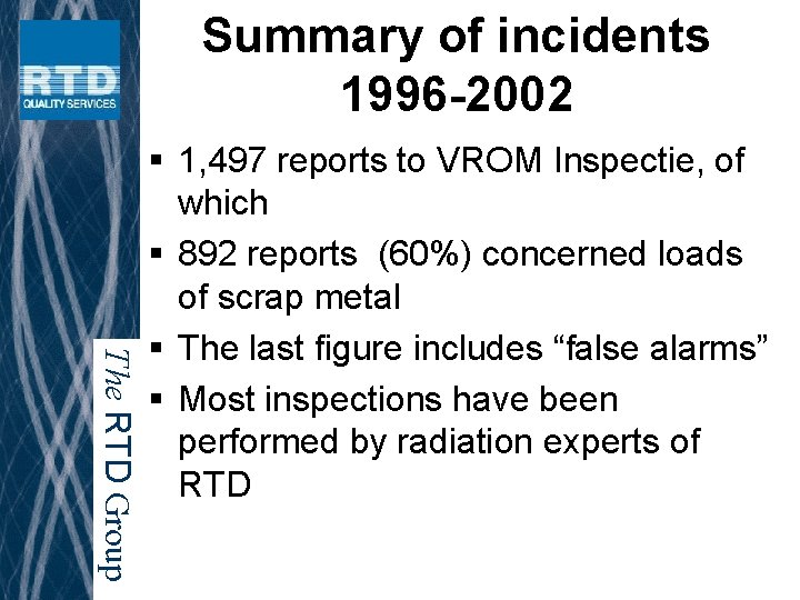 Summary of incidents 1996 -2002 The RTD Group § 1, 497 reports to VROM