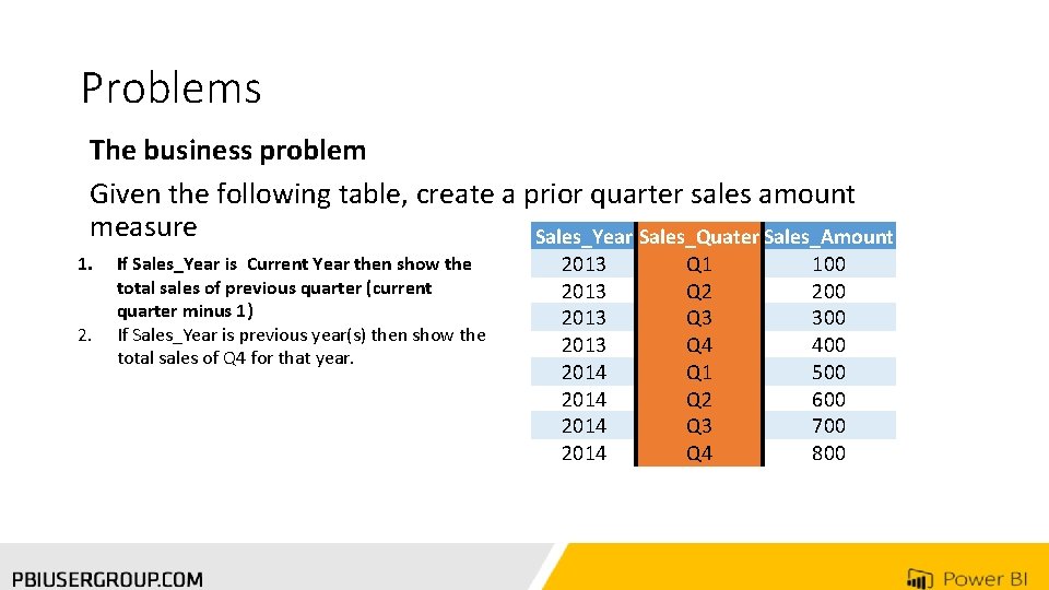 Problems The business problem Given the following table, create a prior quarter sales amount