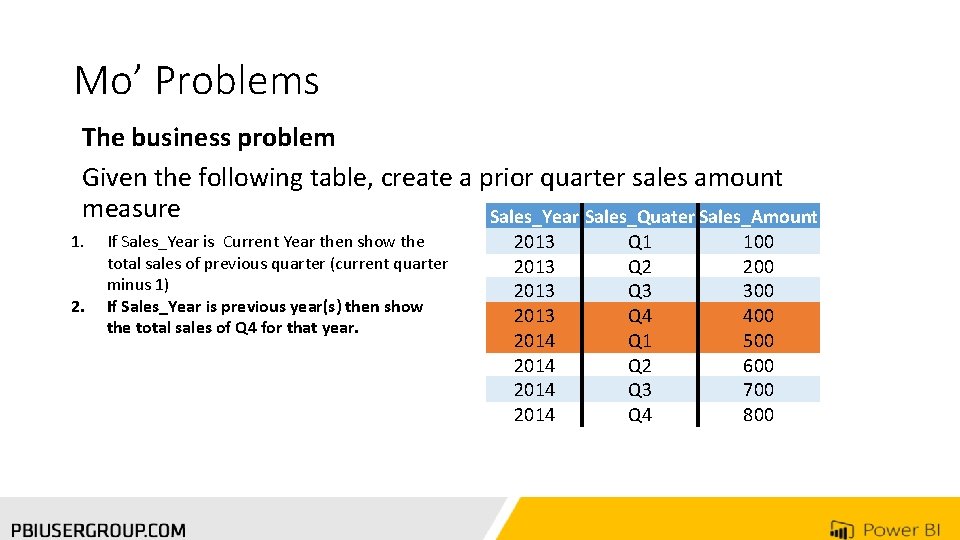 Mo’ Problems The business problem Given the following table, create a prior quarter sales