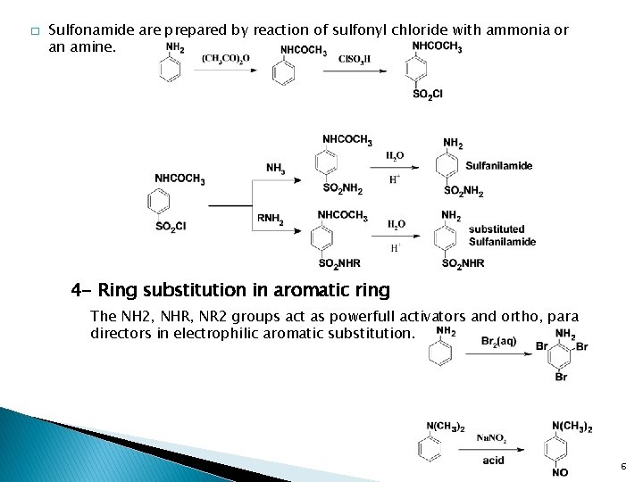 � Sulfonamide are prepared by reaction of sulfonyl chloride with ammonia or an amine.