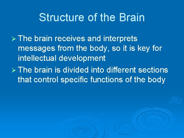 Structure of the Brain Ø The brain receives and interprets messages from the body,