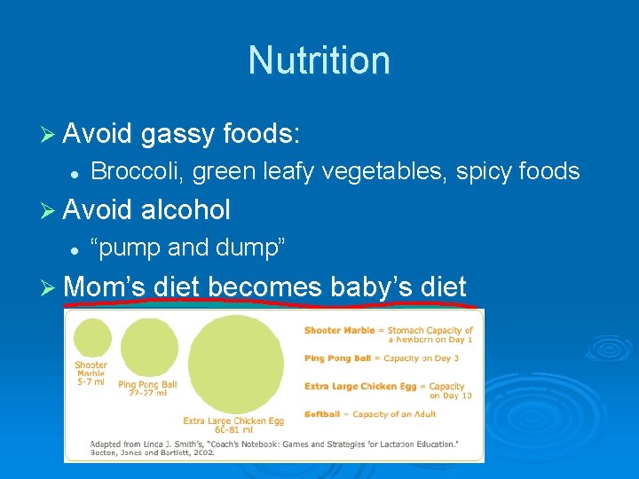 Nutrition Ø Avoid gassy foods: l Broccoli, green leafy vegetables, spicy foods Ø Avoid