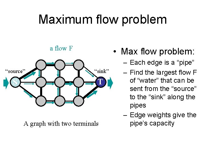 Maximum flow problem a flow F • Max flow problem: “source” “sink” S T