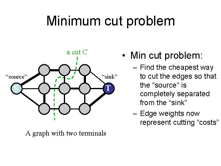 Minimum cut problem a cut C • Min cut problem: “source” “sink” S T