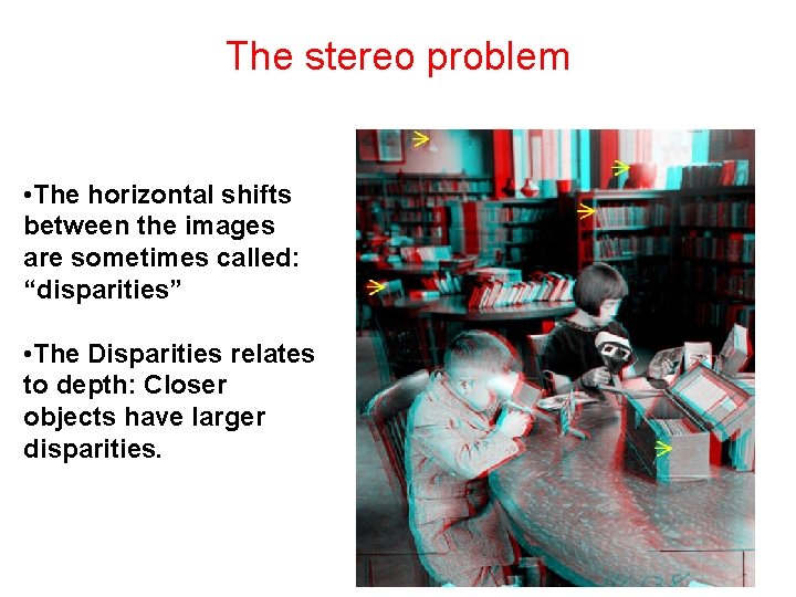 The stereo problem • The horizontal shifts between the images are sometimes called: “disparities”
