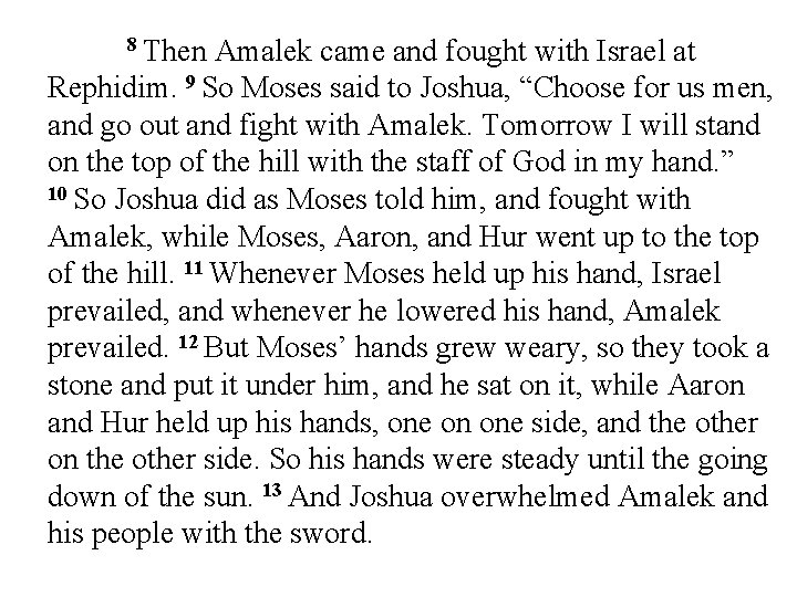 8 Then Amalek came and fought with Israel at Rephidim. 9 So Moses said