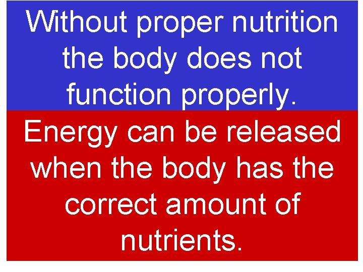 Without proper nutrition the body does not function properly. Energy can be released when