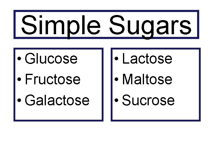 Simple Sugars • Glucose • Fructose • Galactose • Lactose • Maltose • Sucrose