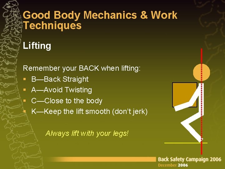 Good Body Mechanics & Work Techniques Lifting Remember your BACK when lifting: § B—Back