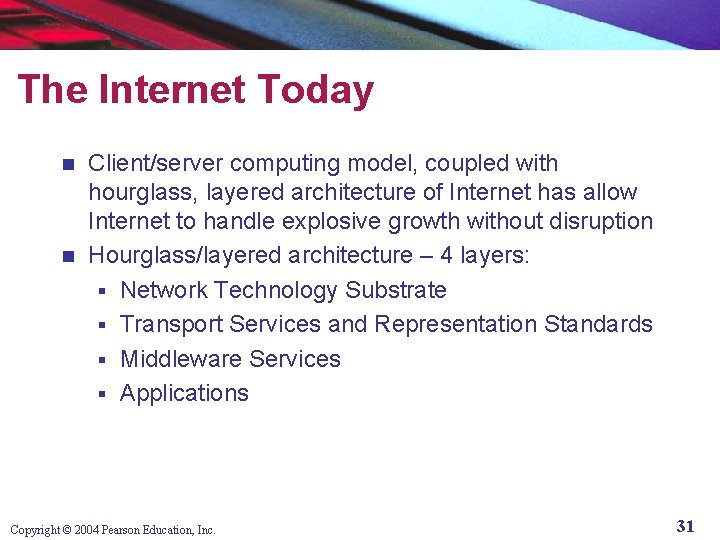 The Internet Today Client/server computing model, coupled with hourglass, layered architecture of Internet has