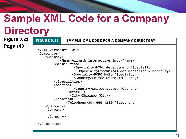 Sample XML Code for a Company Directory Figure 3. 22, Page 168 74 