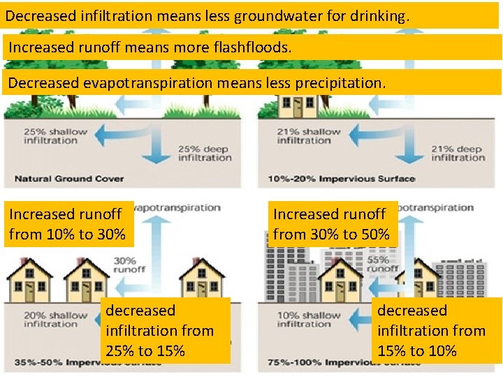 Decreased infiltration means less groundwater for drinking. Increased runoff means more flashfloods. Decreased evapotranspiration