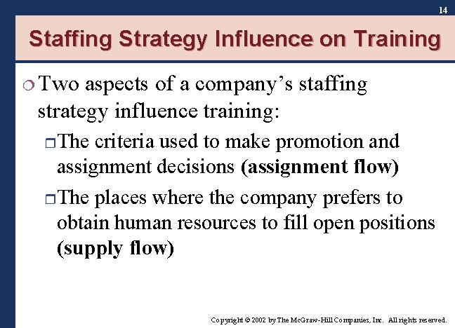 14 Staffing Strategy Influence on Training ¦ Two aspects of a company’s staffing strategy