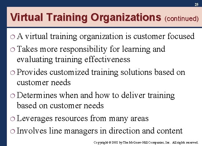 25 Virtual Training Organizations (continued) ¦A virtual training organization is customer focused ¦ Takes