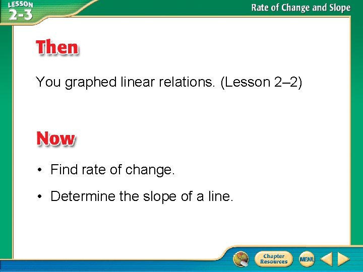 You graphed linear relations. (Lesson 2– 2) • Find rate of change. • Determine