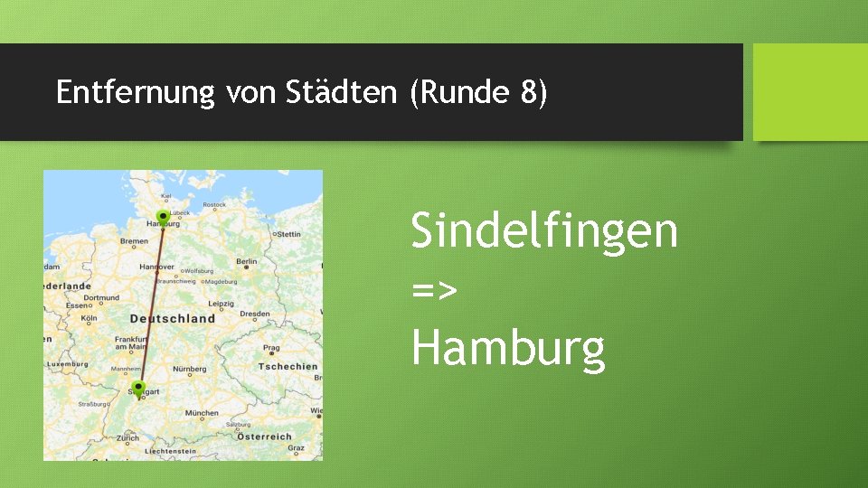 Entfernung von Städten (Runde 8) Sindelfingen => Hamburg 