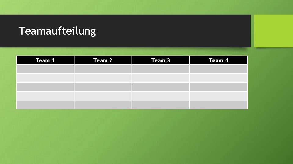 Teamaufteilung Team 1 Team 2 Team 3 Team 4 