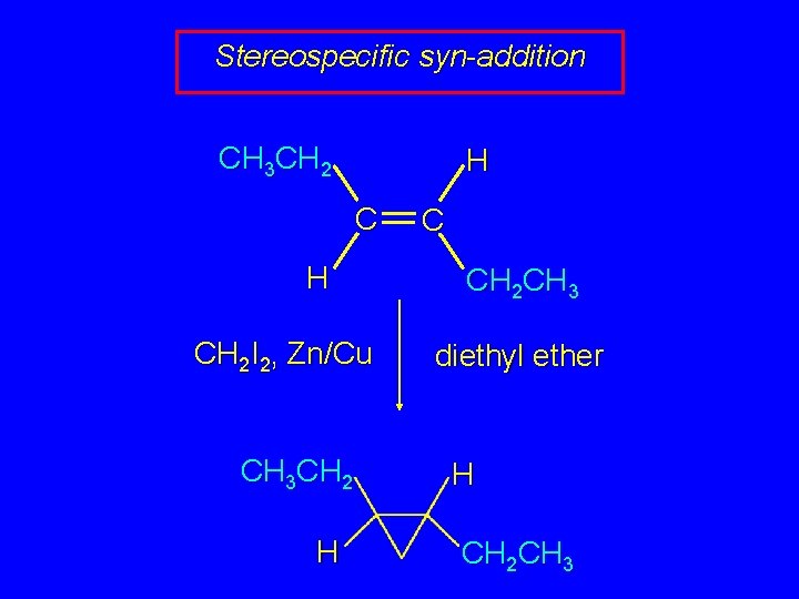 Stereospecific syn-addition CH 3 CH 2 H CH 2 I 2, Zn/Cu CH 3