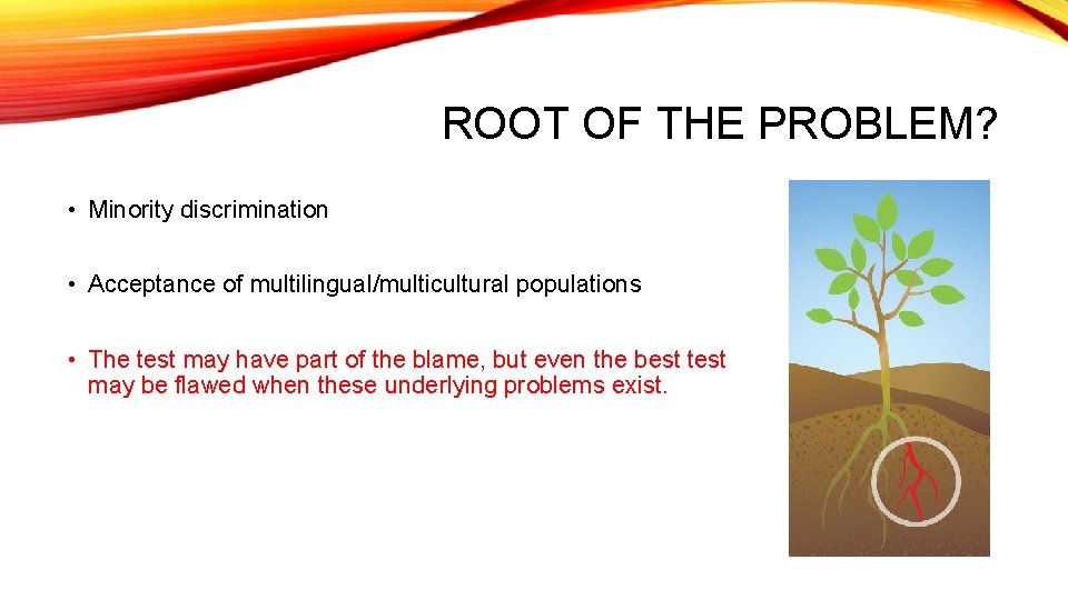 ROOT OF THE PROBLEM? • Minority discrimination • Acceptance of multilingual/multicultural populations • The