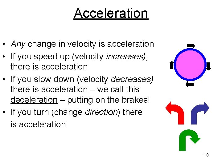Acceleration • Any change in velocity is acceleration • If you speed up (velocity