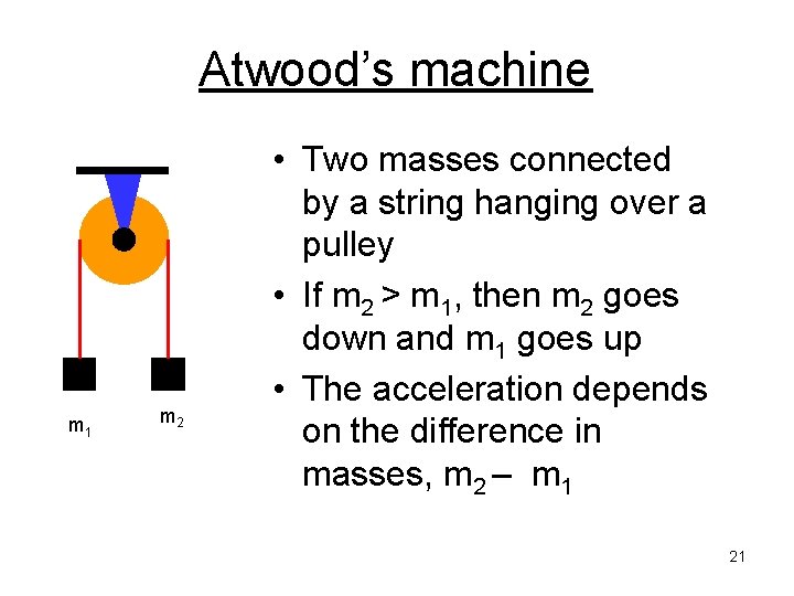 Atwood’s machine m 1 m 2 • Two masses connected by a string hanging