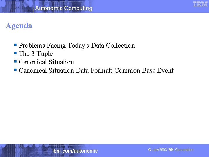 Autonomic Computing Agenda § Problems Facing Today's Data Collection § The 3 Tuple §