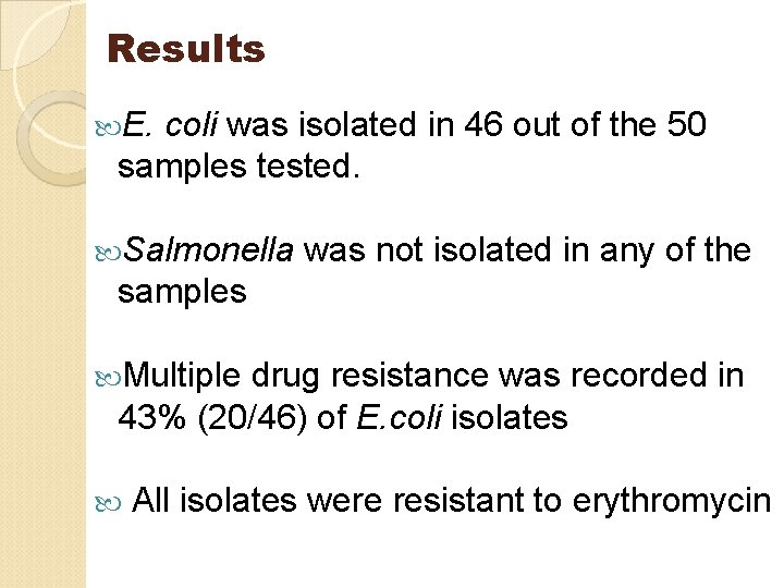 Results E. coli was isolated in 46 out of the 50 samples tested. Salmonella