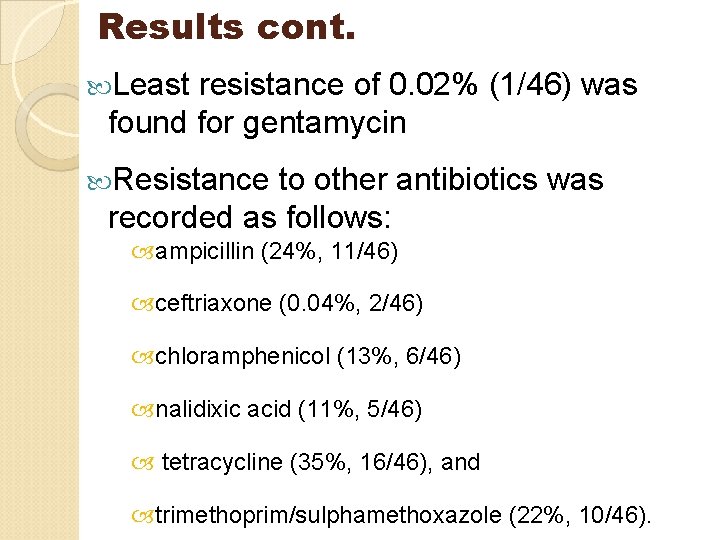 Results cont. Least resistance of 0. 02% (1/46) was found for gentamycin Resistance to
